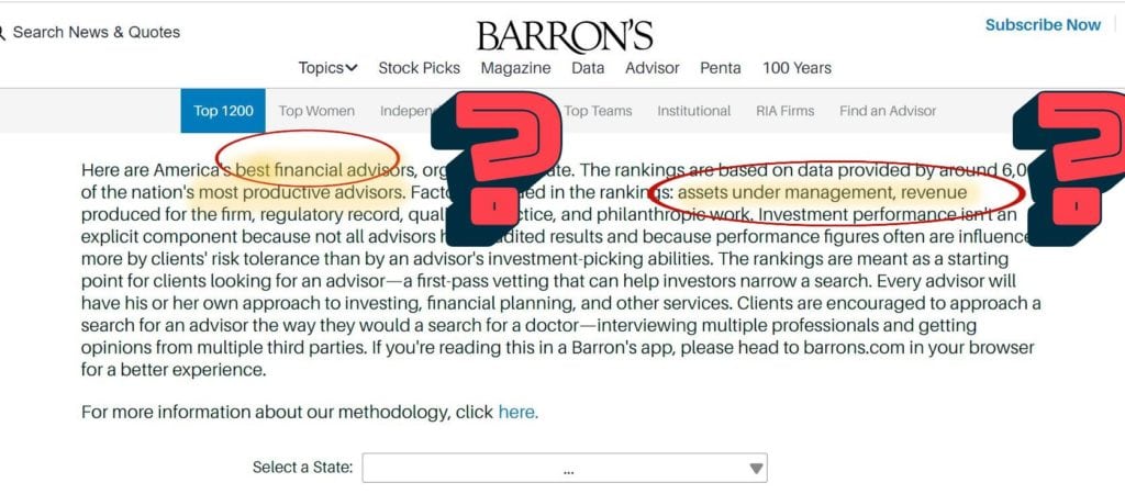 The Barron's Top Advisor list selection methodology is (poorly) described in this snapshot taken from the Barron's website.